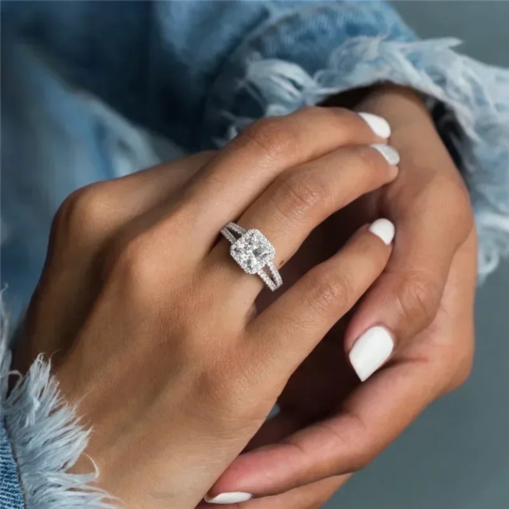 2-band Solitaire Silver 1 Ring Promise Princess
Engagement Ring SZ 6 7 8 9